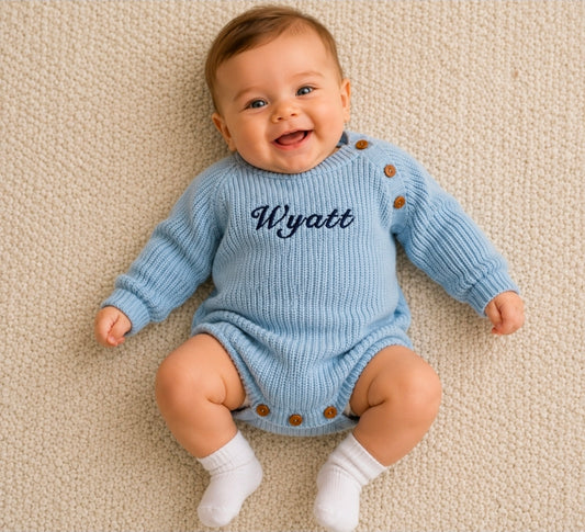Personalised Baby Boys Blue Knitted Long Sleeved Romper