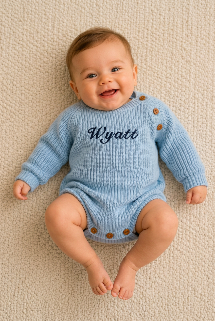 Personalised Baby Boys Blue Knitted Long Sleeved Romper
