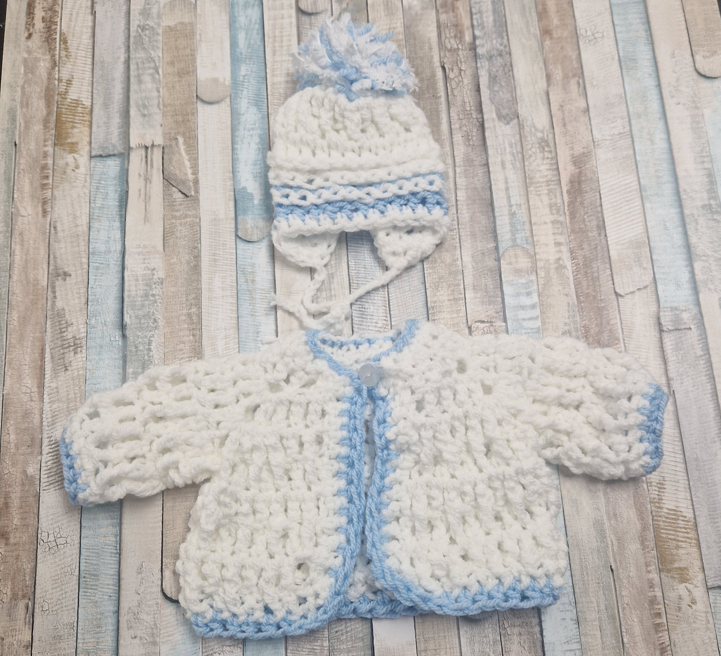 Baby Boys White And Blue Fluffy Crochet Cardigan And Pom Pom Hat