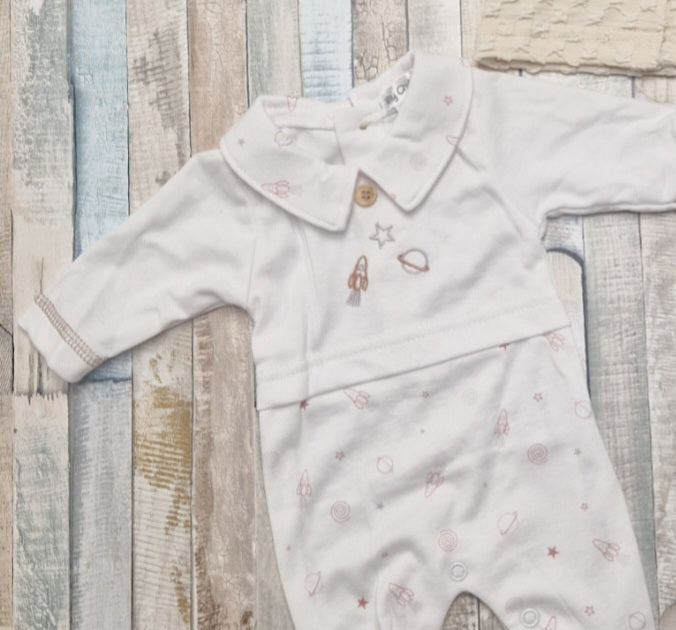 Premature Baby Boys Beige And White Space Design Babygro And Cardigan Set