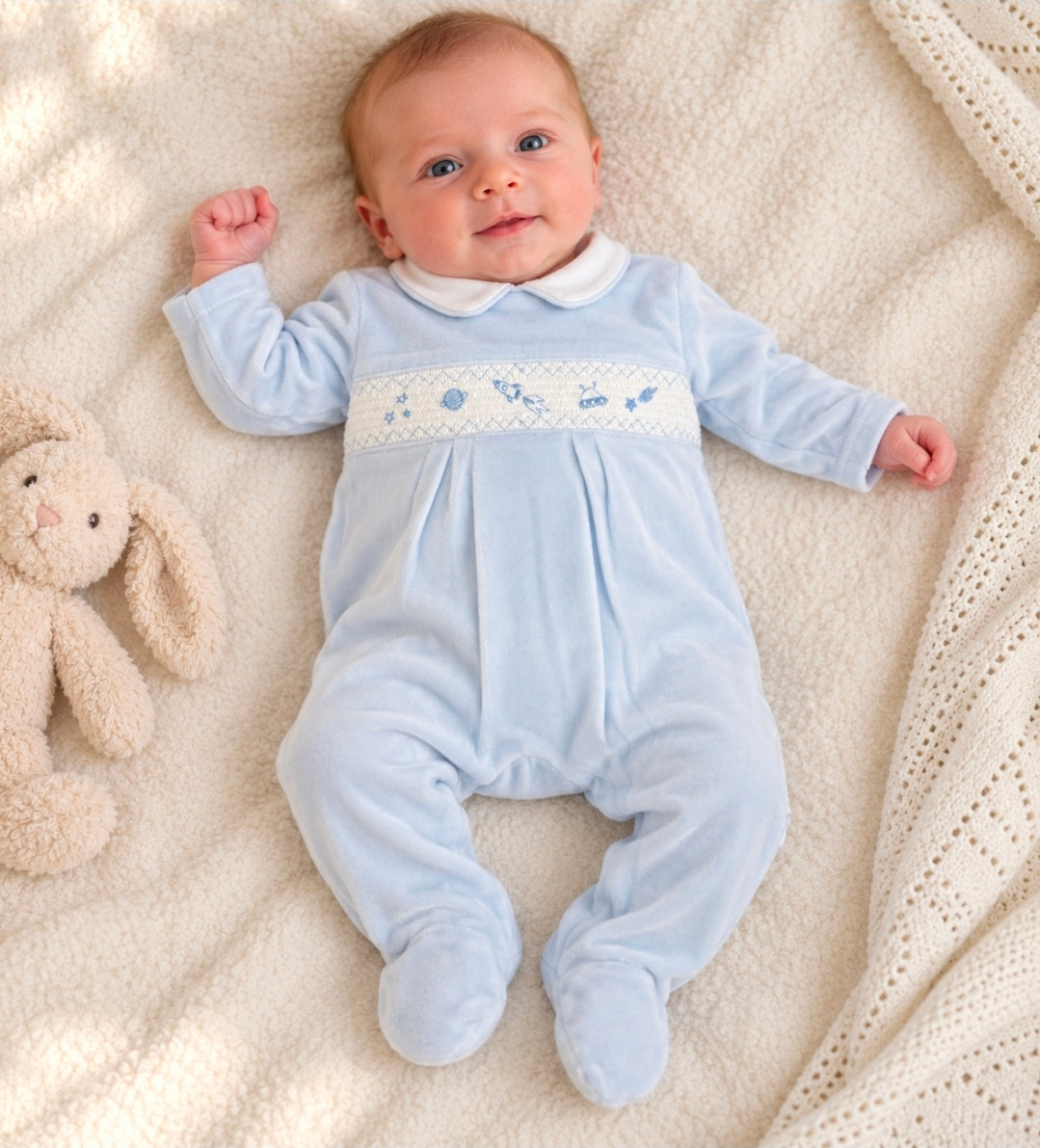 Baby Boys Blue Velour Space Design Babygro