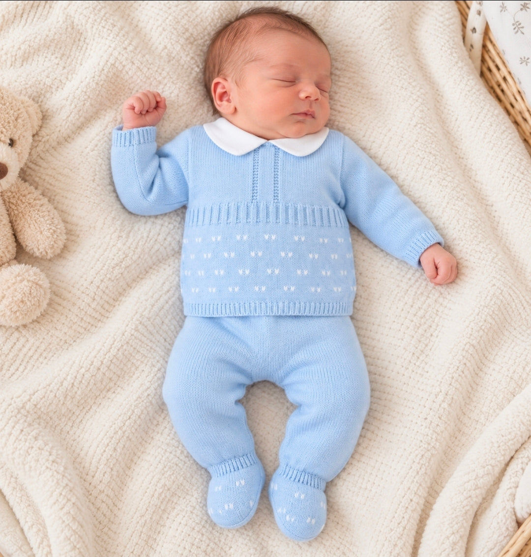 Baby Boys Blue And White 2 Piece Knitted Set