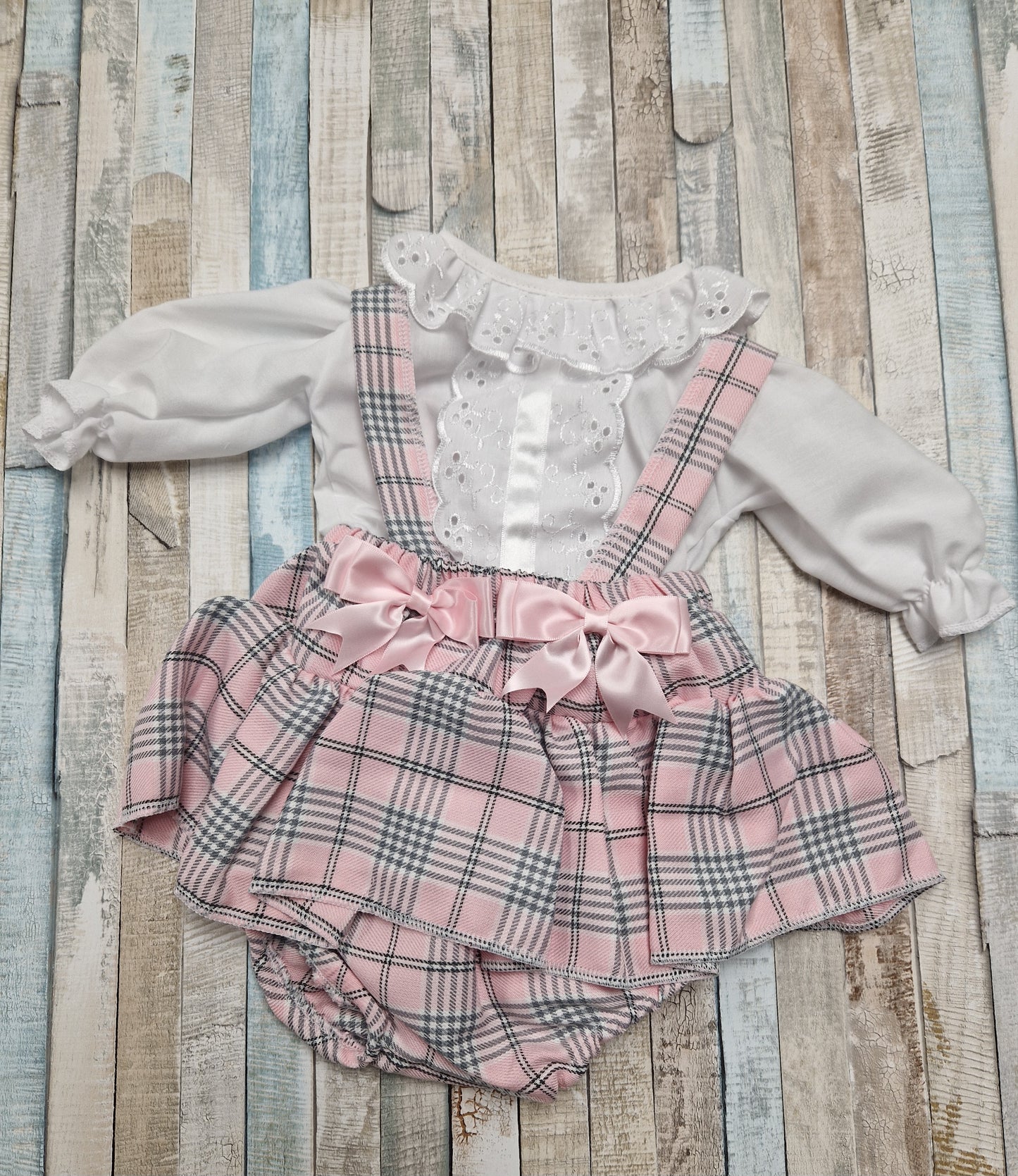 Baby Girls Pink And Grey Tartan Jam Pants With White Blouse