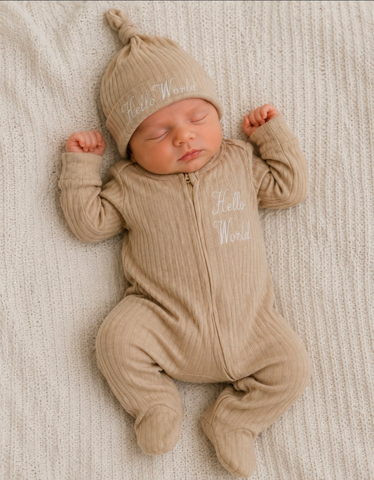 Unisex Baby Biscuit Ribbed Cotton Hello World Zip Up Sleepsuit And Hat