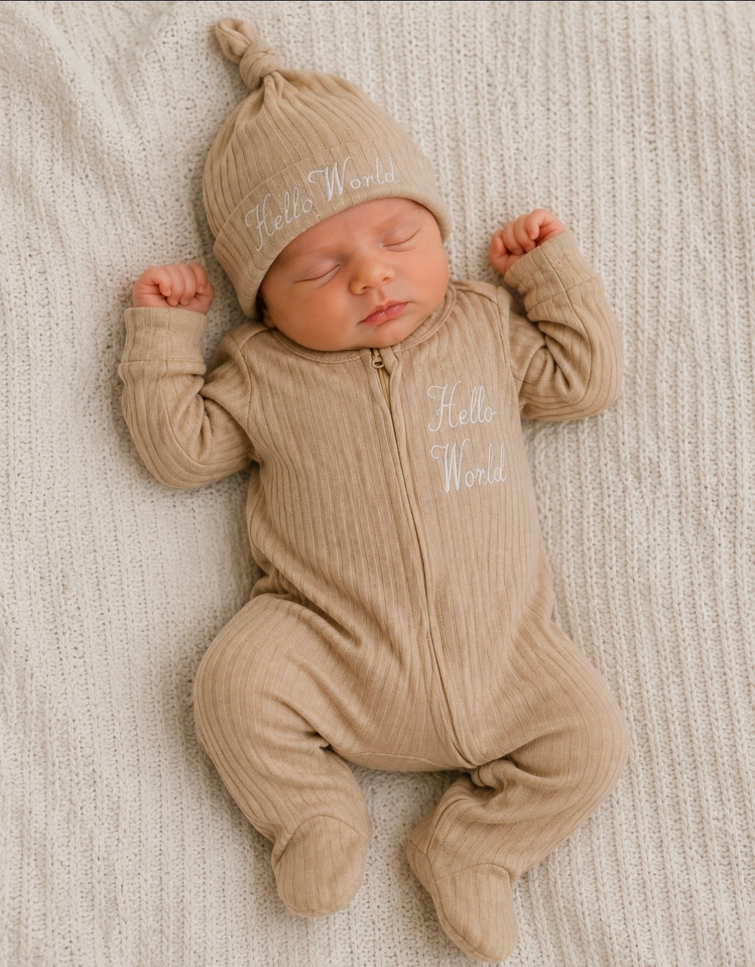 Unisex Baby Biscuit Ribbed Cotton Hello World Zip Up Sleepsuit And Hat