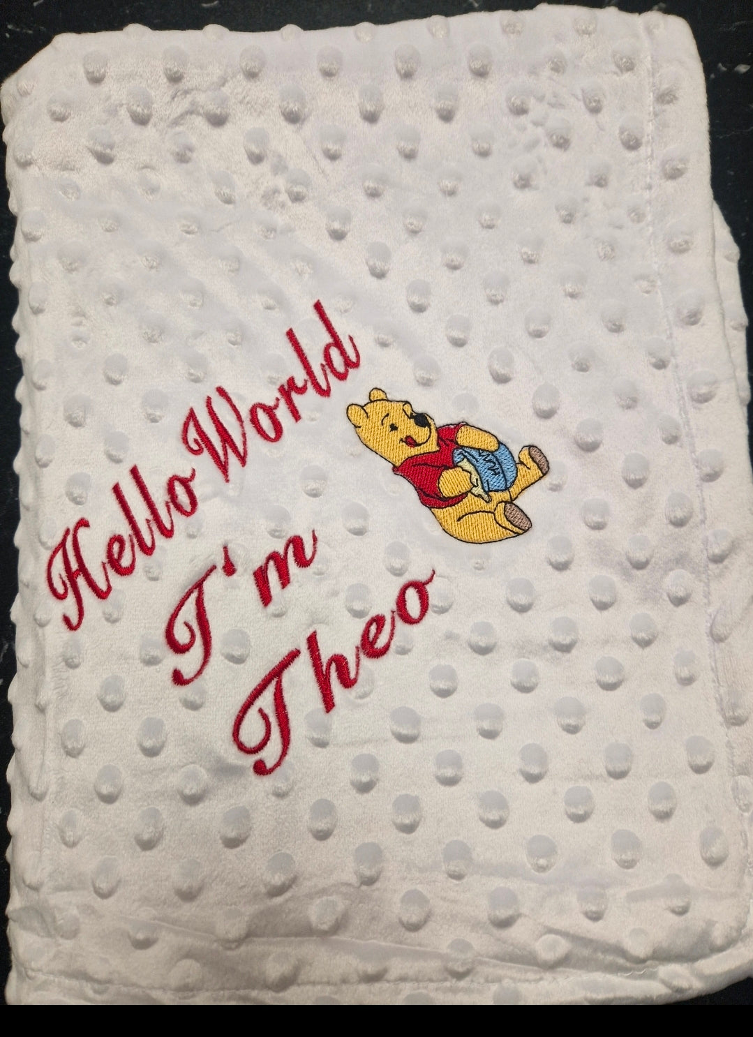 Personalised Hello World White Dimple Blanket/Wrap With Honey Bear Design