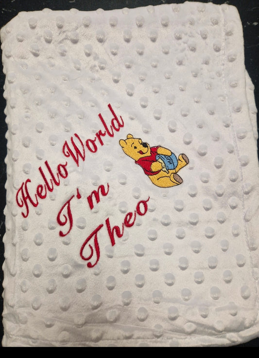 Personalised Hello World White Dimple Blanket/Wrap With Honey Bear Design