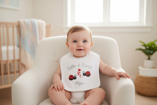 Personalised Unisex Baby Printed Little And Loved Ladybird Bib