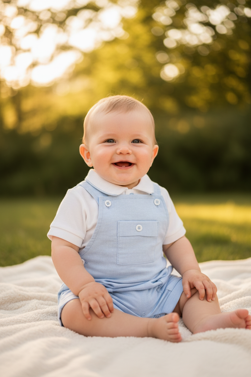 Baby Boys Blue And White 2 Piece Dungaree Short Set With Pocket