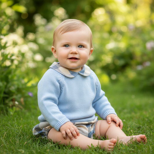Baby Boys Blue And Cream Top and Jam Pants Set With Checked Trim And Pants