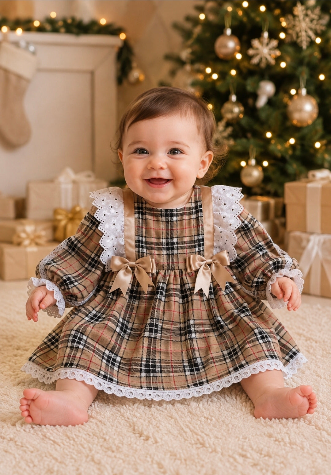 Baby Girls Beige Tartan Long Sleeved Dress 2 Beige Bows
