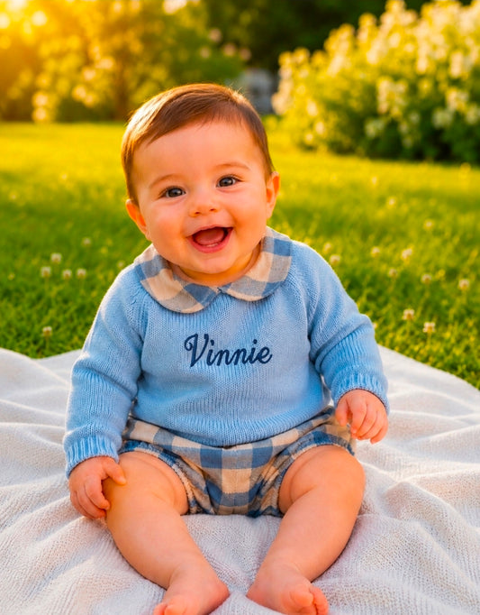 Baby Boys Blue And Cream Top and Jam Pants Set With Checked Trim And Pants