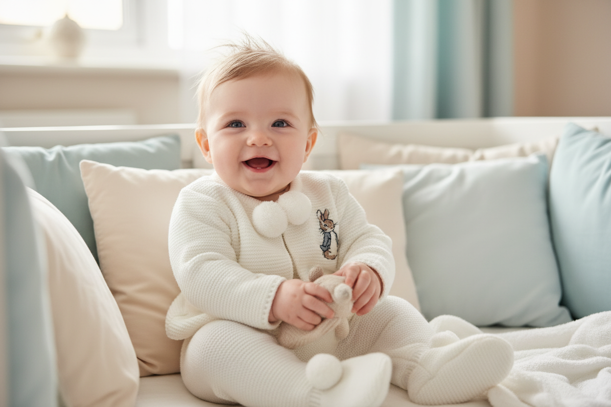 Unisex Baby White Knitted Pom Pom Set With Embroidered Rabbit Design