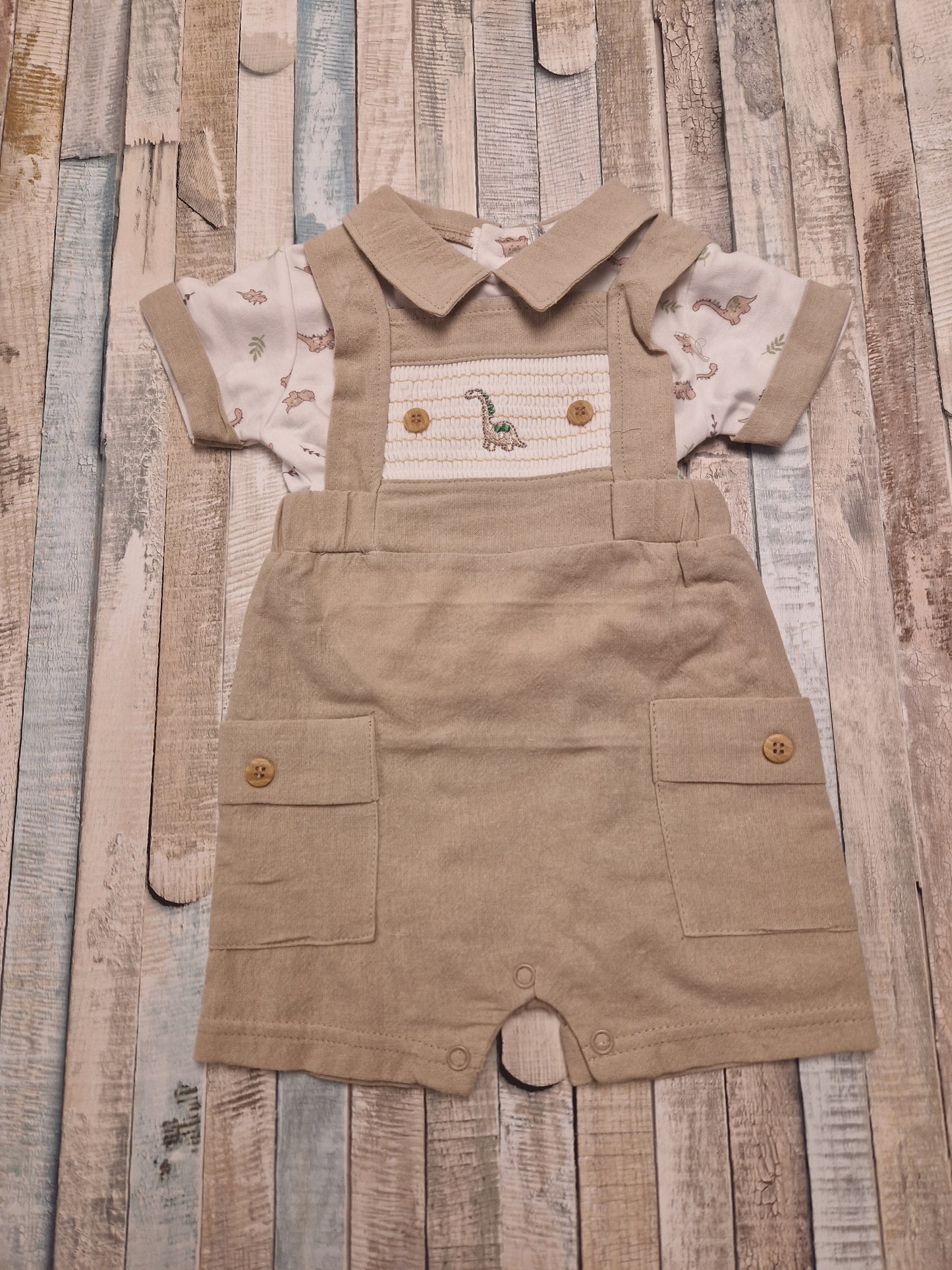 Baby Boys Beige Dinosaur Dungaree 2 Piece Short Set