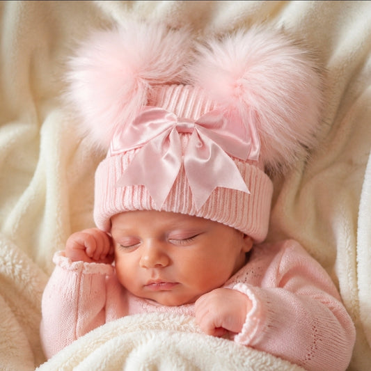 Baby Girls Pink Satin Bow And Fluffy Double Pom Hat