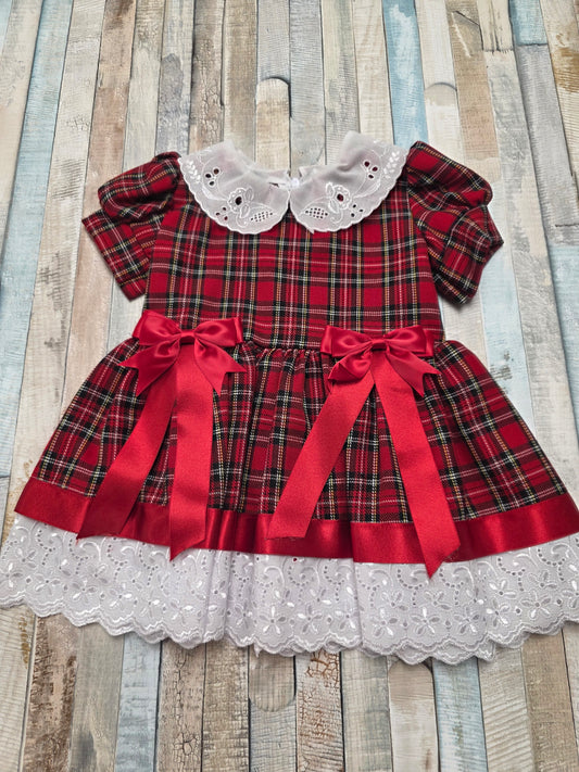 Baby Girls Red Tartan Dress With 2 Bows