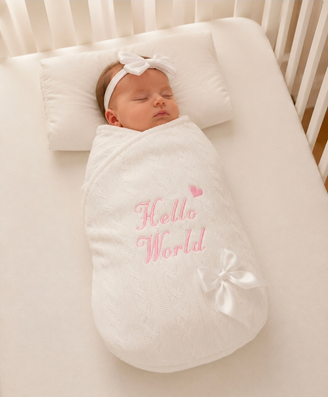 White Cable Design Swaddle With Hello World In Pink Embroidery