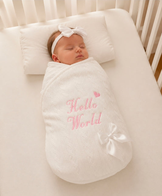 White Cable Design Swaddle With Hello World In Pink Embroidery