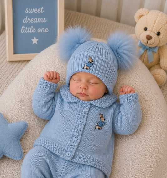 Baby Boys Blue Knitted Rabbit Double Blue Fluffy Pom Hat
