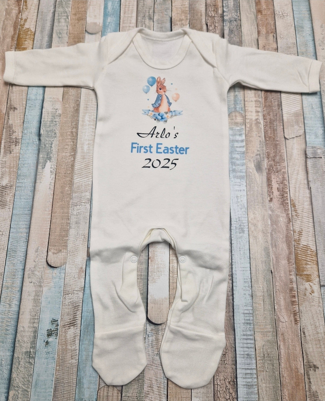 Baby Boys Newborn White Personalised First Easter Babygro With Printed Blue Rabbit