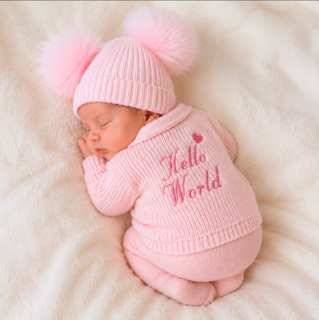 Nana B Pink Baby Girls  Hello World Ribbed Cardigan