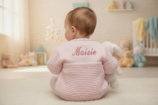 Personalised Baby Girls Pink Pearl Flower Matinee Cardigan