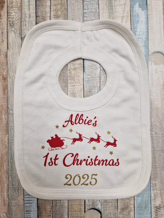 Baby's Personalised 1st Christmas Santa Sleigh Printed Bib
