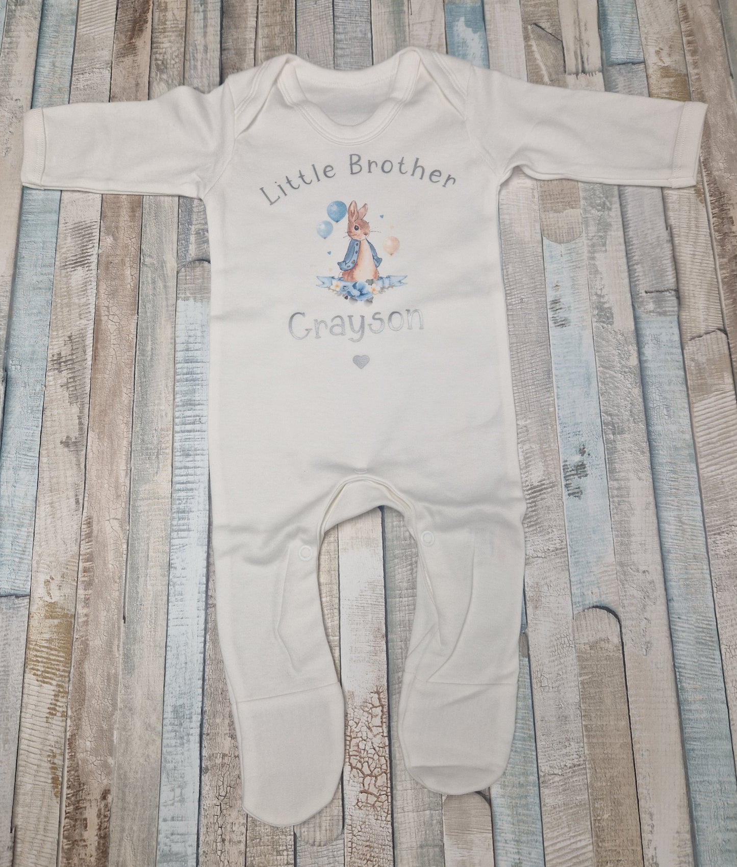 Baby Boys Personalised Little Brother Babygro With Blue Rabbit