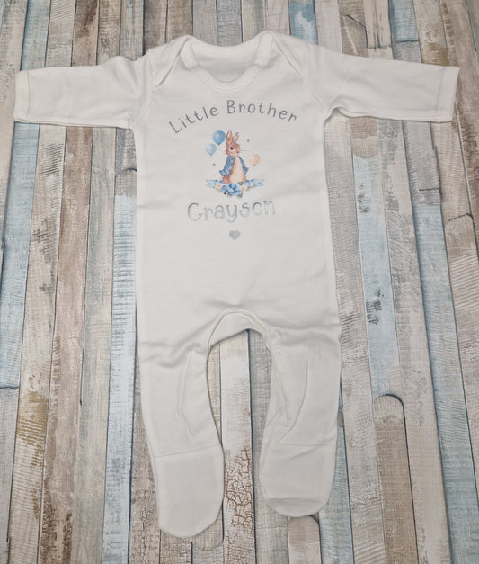 Baby Boys Personalised Little Brother Babygro With Blue Rabbit