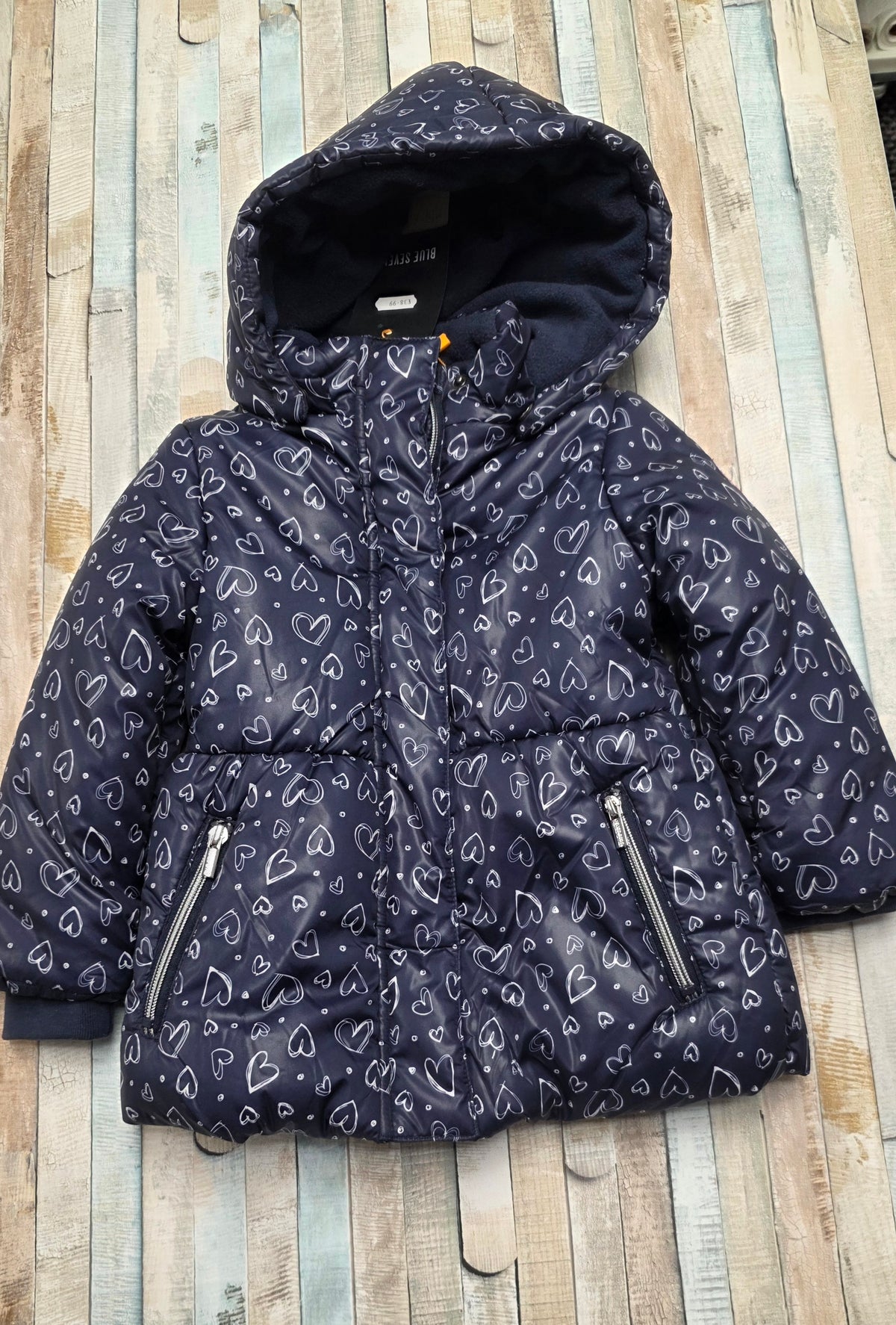 Girls Navy Heart Design Padded Coat With Hood