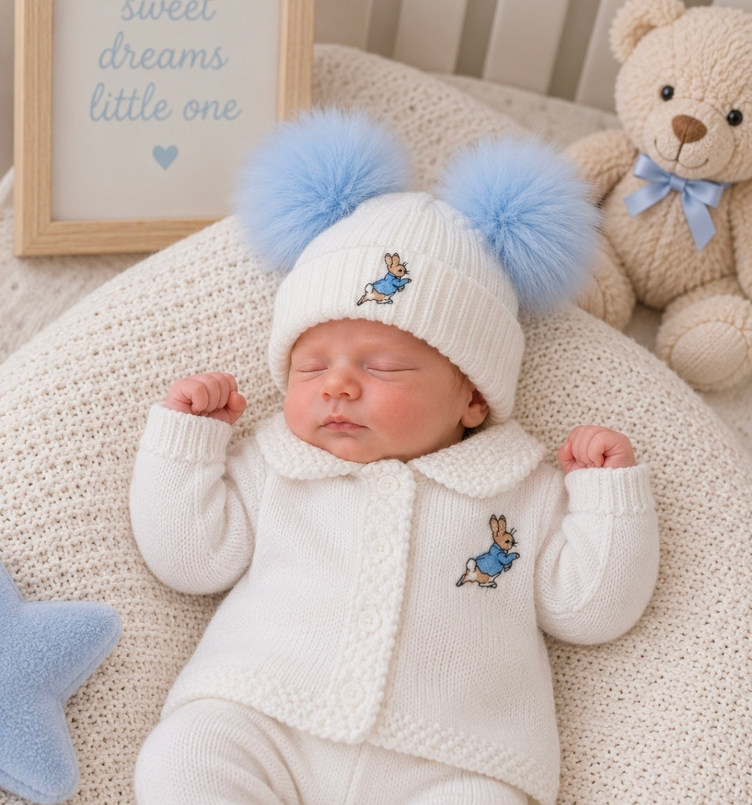 Baby White Double Blue Fluffy Faux Fur Pom Hat With Blue Rabbit