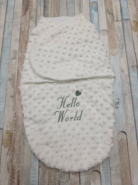 Hello World White Dimple Swaddle With Sage Green Embroidery