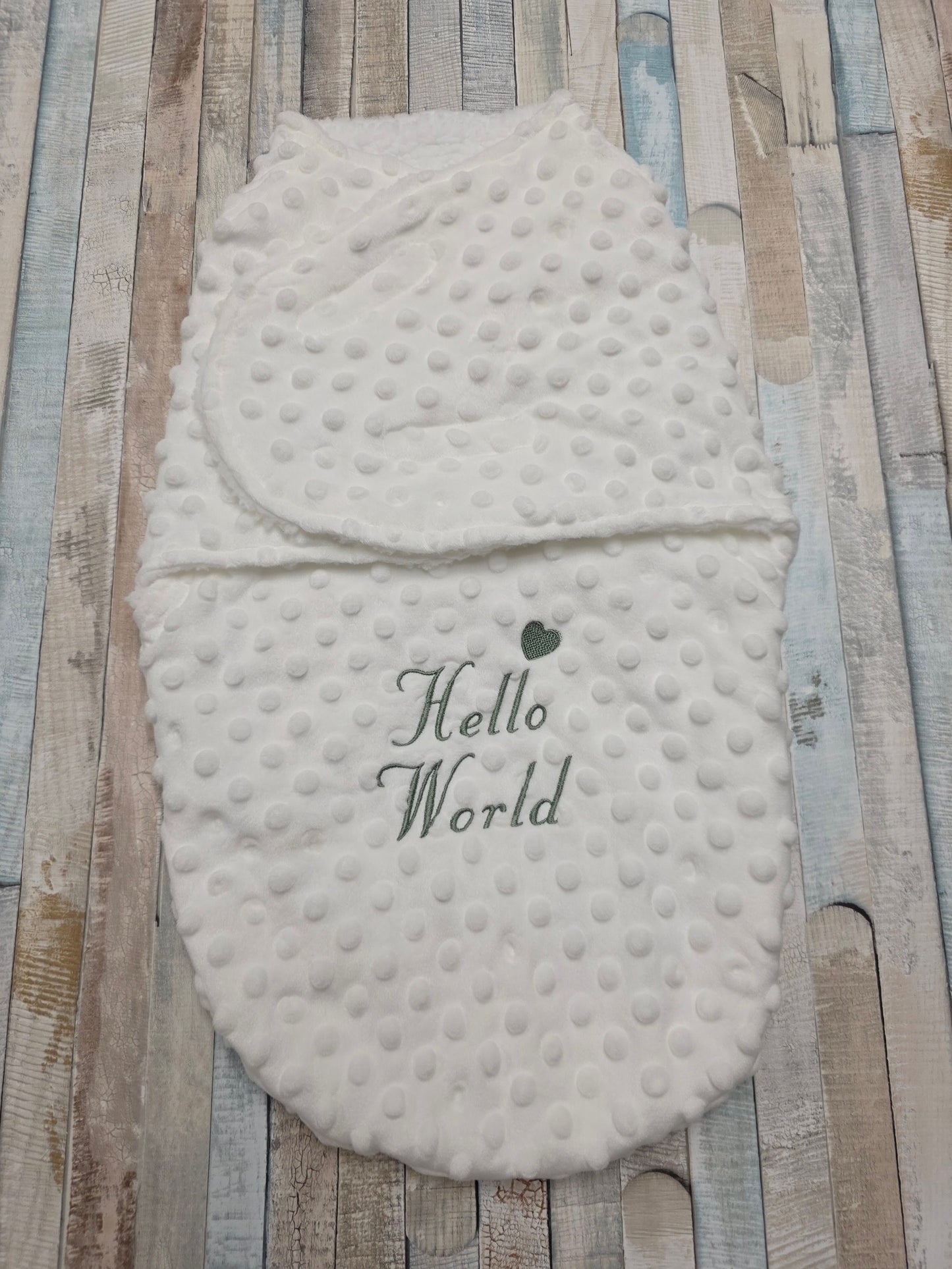 Hello World White Dimple Swaddle With Sage Green Embroidery