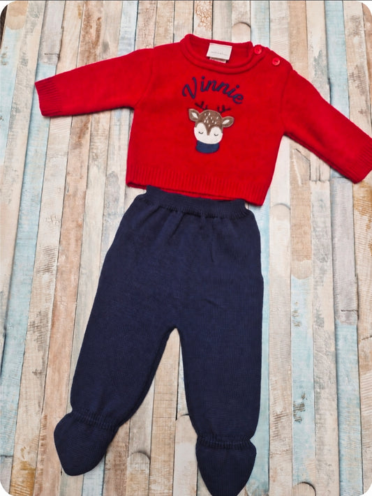 Unisex Baby Personalised Red And Navy Reindeer 2 Piece Set