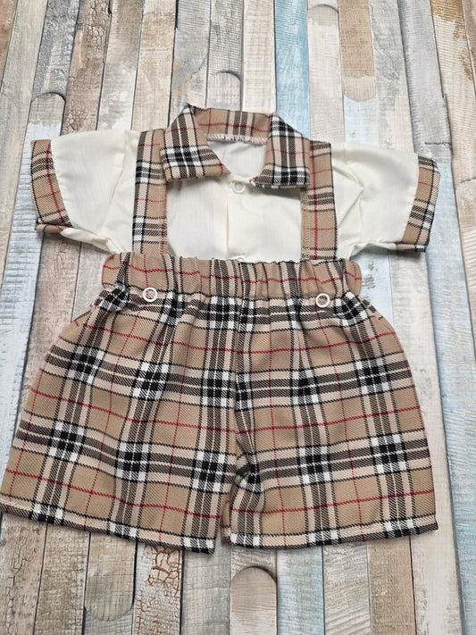 Baby Boys Beige Tartan Dunagree Short Set With Matching Tartan Collar Shirt