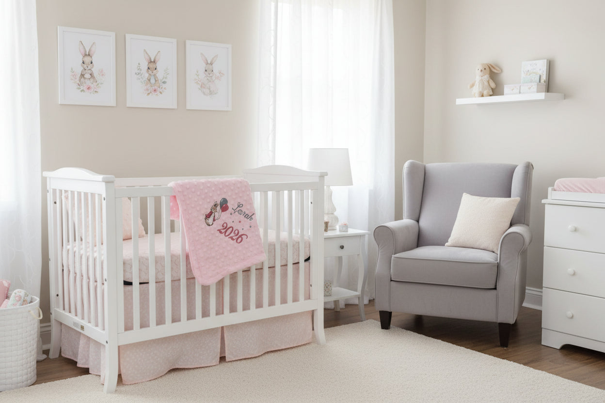 Personalised Baby Girls Pink Dimple Wrap With Pink Rabbit And Balloons And Year Of Birth