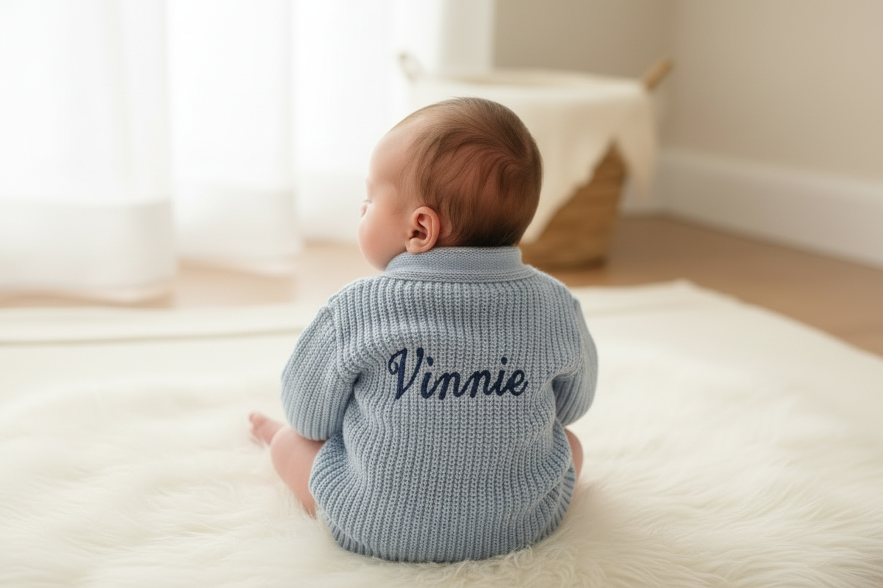 Personalised Blue Baby Boys Ribbed V Neck Cardigan