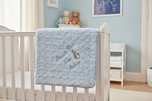 Personalised Hello World Blue Soft Rose Blanket/Wrap With Embroidered Blue Rabbit Design