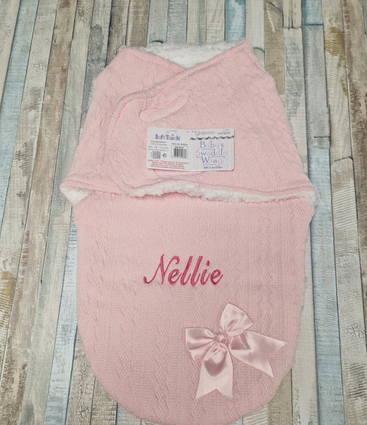 Personalised Baby Girls Pink Cable Style Swaddle With Satin Bow