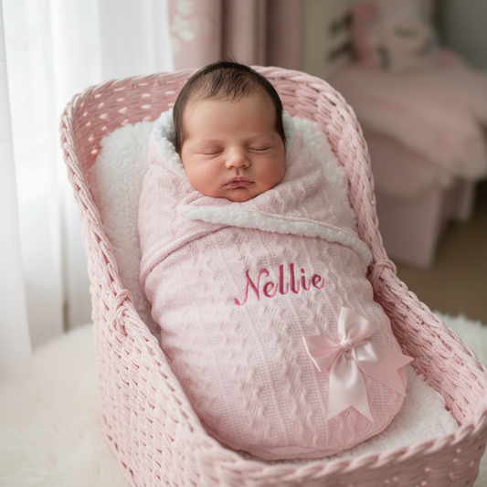 Personalised Baby Girls Pink Cable Style Swaddle With Satin Bow