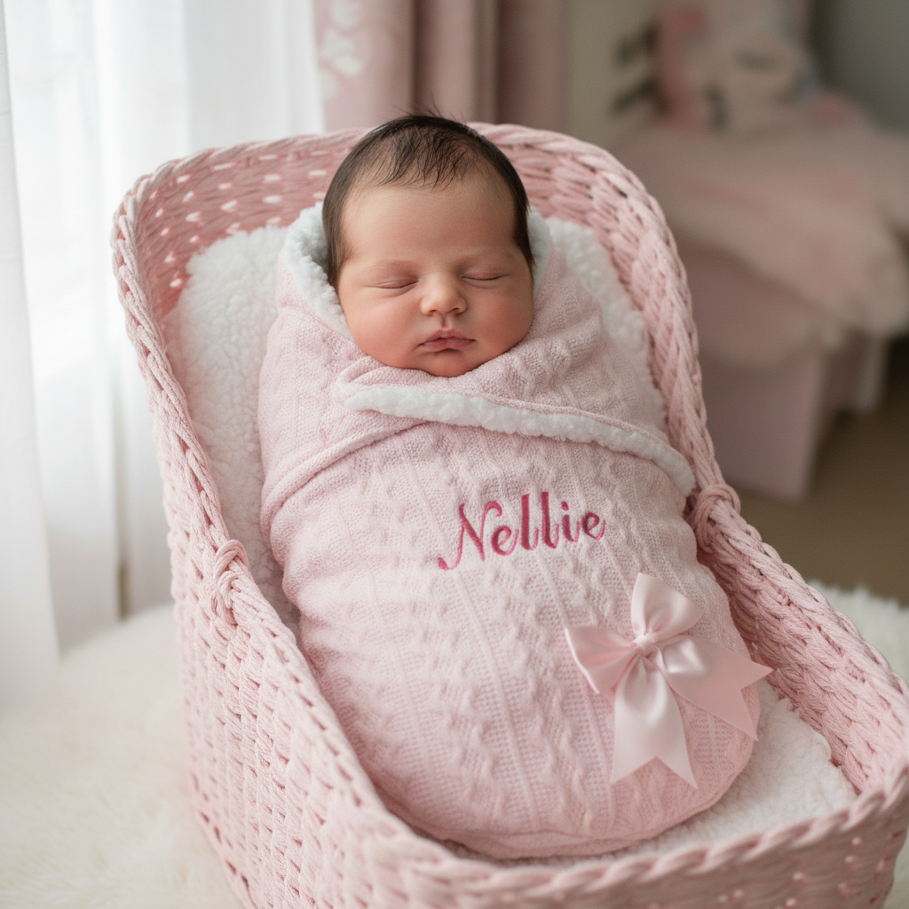 Personalised Baby Girls Pink New Cable Style Swaddle With Satin Bow