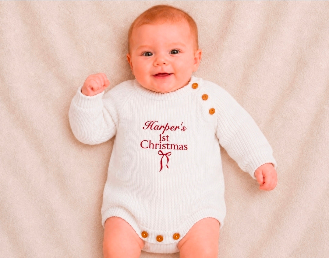 Unisex Baby Personalised 1ST Christmas Romper With Bow