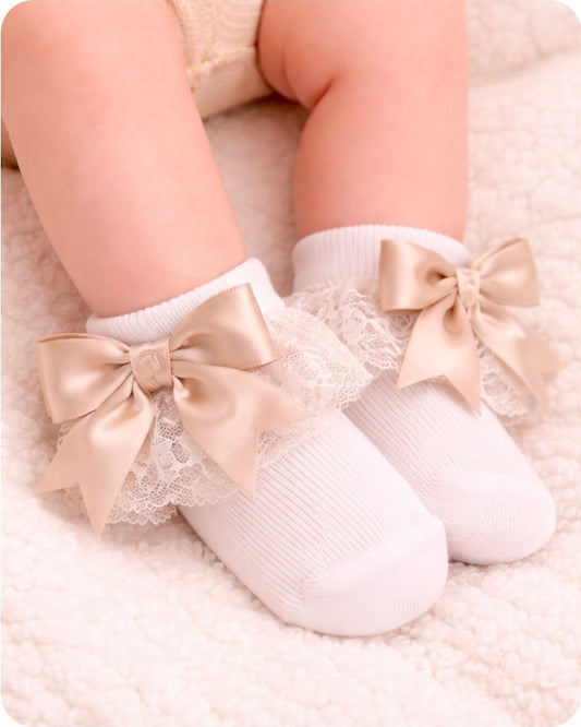 Baby Girls White And Beige Frilly Socks