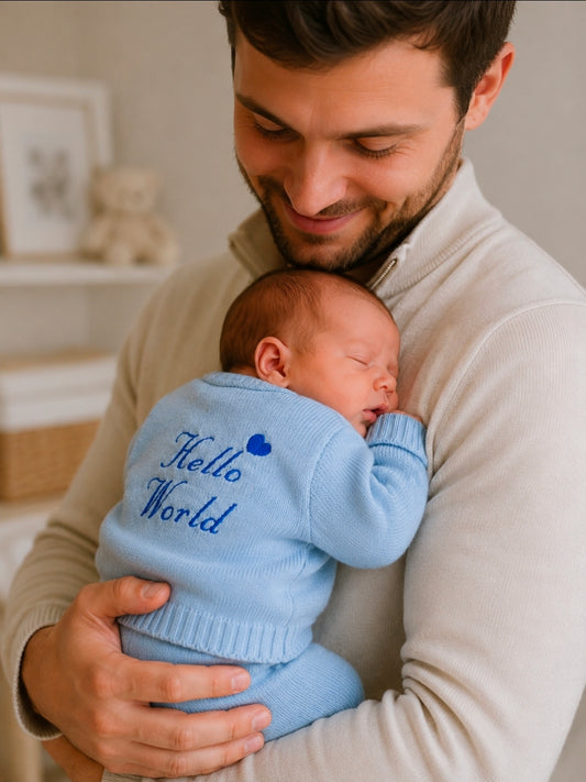 Baby Boys Blue Cable Knit Cardigan With Hello World Design