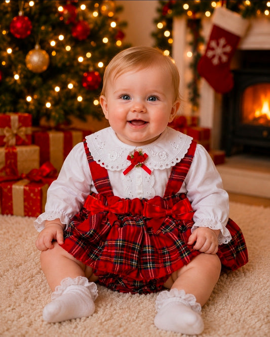 Baby Girls Red Tartan Dungaree Jam Pants Set