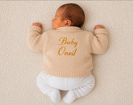 Unisex Baby Beige Personalised Baby And Name V Neck Ribbed Cardigan