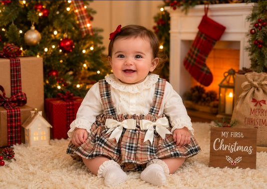 Baby Girls Beige Tartan And Cream Blouse Jam Pants Set