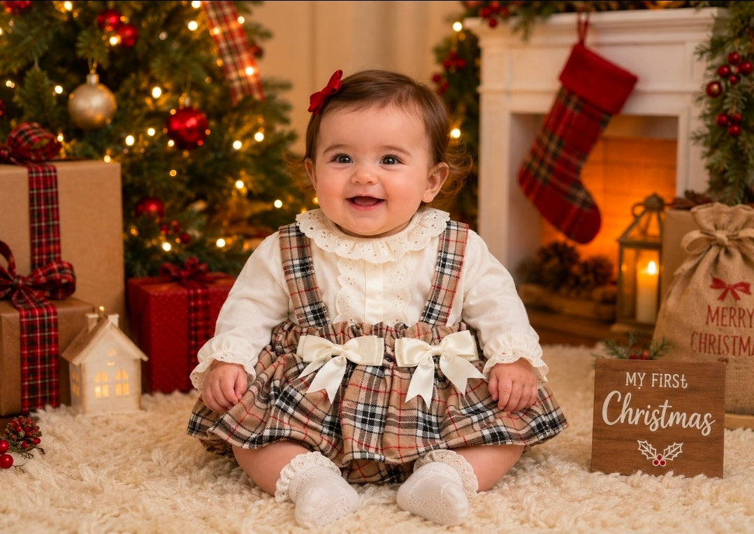 Baby Girls Beige Tartan And Cream Blouse Jam Pants Set