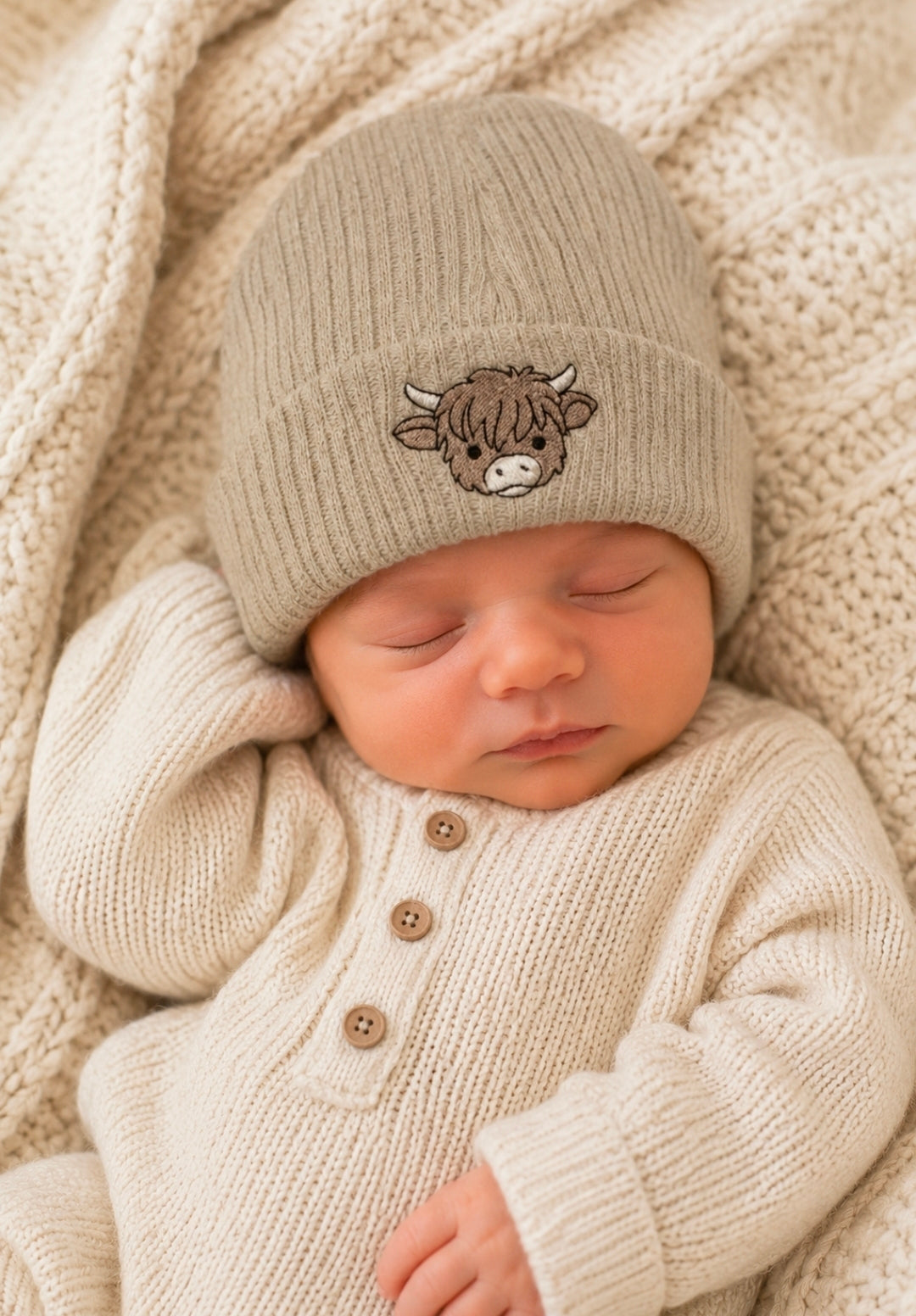 Unisex Baby Beige Highland Cow Hat