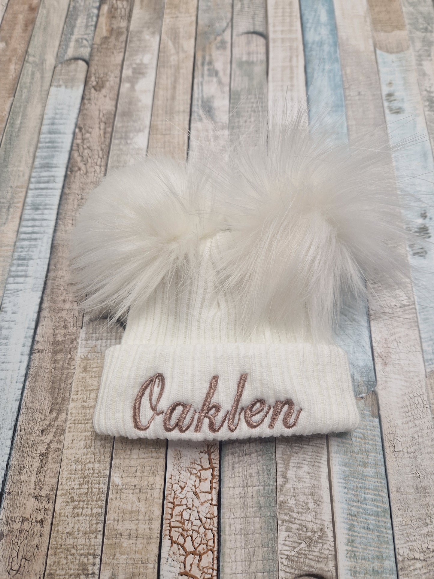 Personalised Baby White Knitted Double White Fluffy Faux Fur Pom Hat